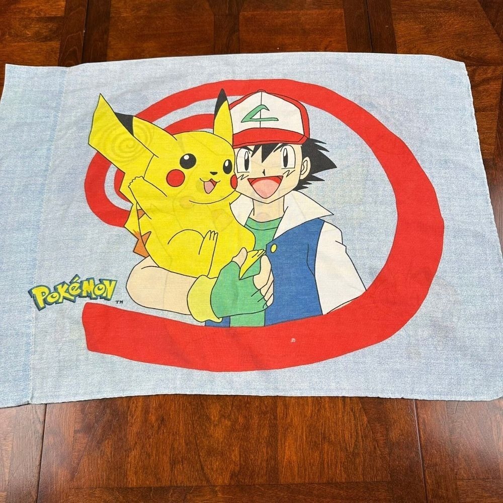 Vintage Nintendo Pokemon Pikachu Ash Light Blue Pillow Case‎ 28" x 20" 1998